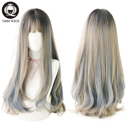 7JHHWIGS Long Wavy Synthetic Black Wigs For Women With Fringe Fashion Heat Resistant Mid-Length Daily Straight Light Brown Hair Good Vibrations