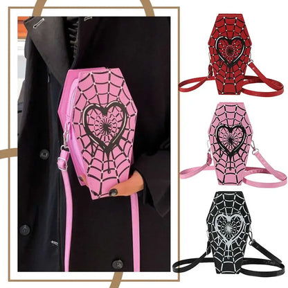 Women fashion shoulder bag coffin shaped with spider web design in black, red, and pink colors, adjustable strap, PU leather casual satchel bag.