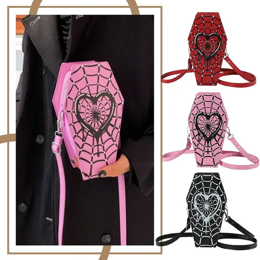 Women fashion shoulder bag coffin shaped with spider web design in black, red, and pink colors, adjustable strap, PU leather casual satchel bag.