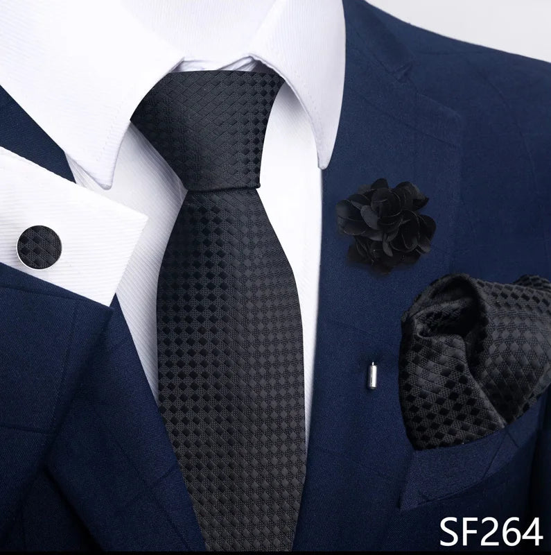 Luxury Mens Ties Floral Black Gold Ties Paisley NeckTie Pocket Square Cufflinks Brooch Set Men's Wedding Party Tie Good Vibrations