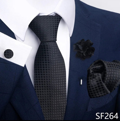 Luxury Mens Ties Floral Black Gold Ties Paisley NeckTie Pocket Square Cufflinks Brooch Set Men's Wedding Party Tie Good Vibrations