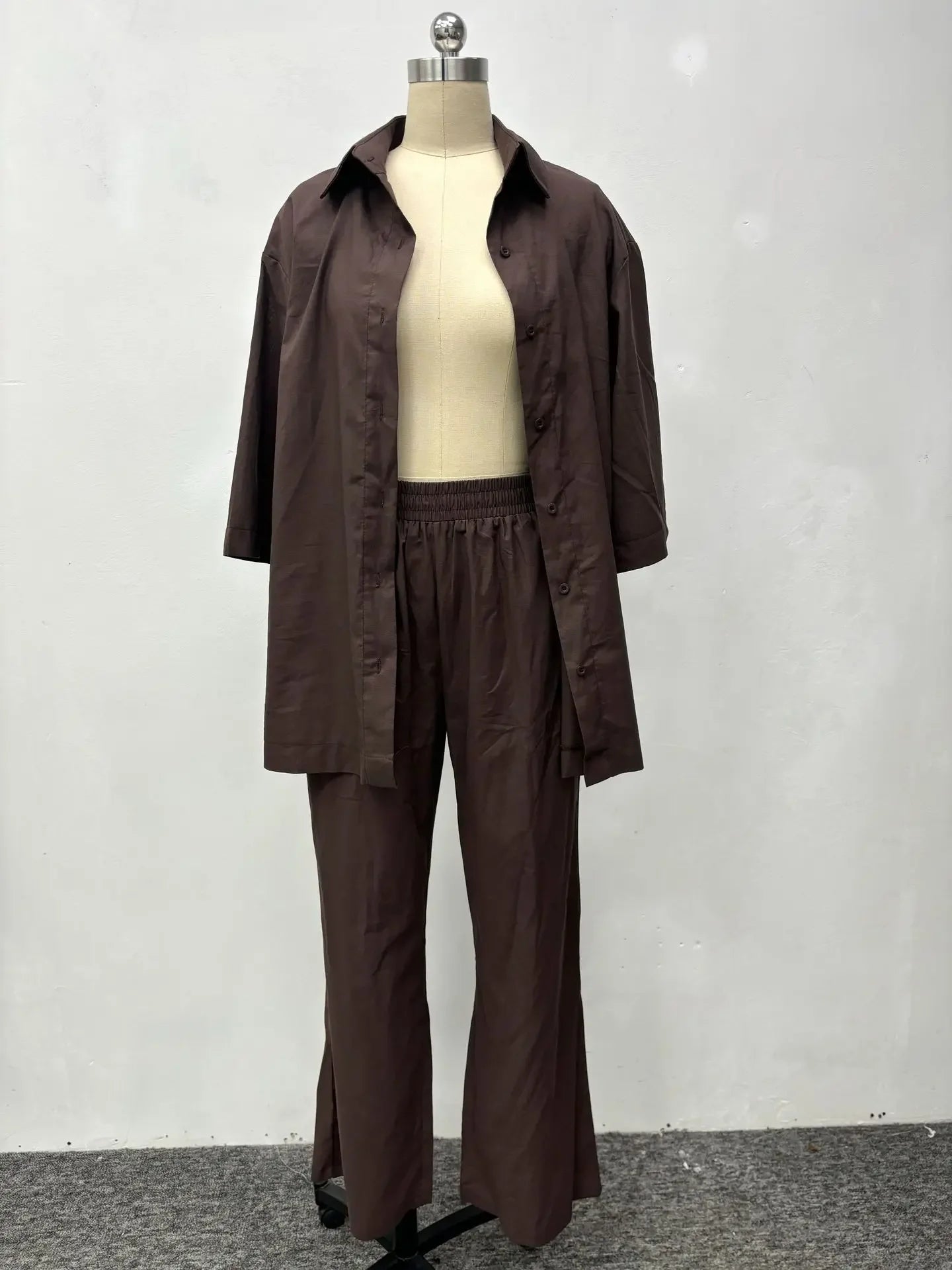Women Two Piece Pant Sets Women solid Shirt Coffee Round Neck Straight Long Pants Suits Autumn Spring Tracksuit Sets 2025 Good Vibrations