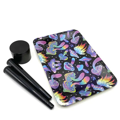 Metal herb grinder set with rolling tray and smell-proof storage tube, black with colorful patterns.