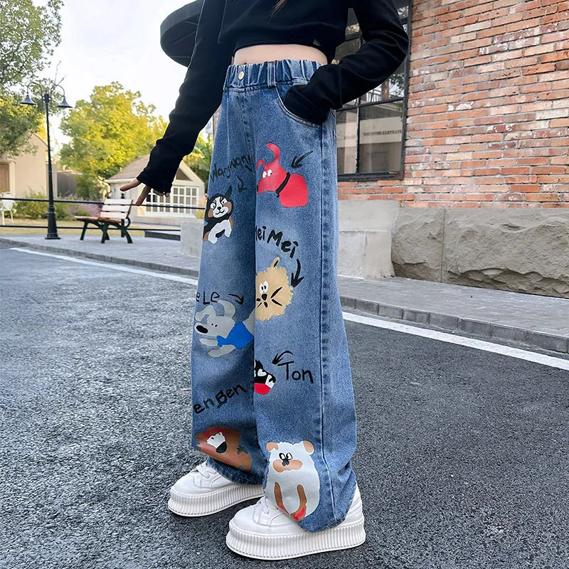 New 2024 Teenage Girls Blue Street Cartoon Print Elastic Mid Waist Loose Denim Jeans Spring Fashion Children Cute Wide Leg Pants Good Vibrations