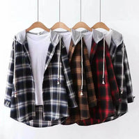 Autumn Women Shirts Hoodie Coat Plaid Print Loose Hooded Long Sleeves Drawstring Cardigan Single-breasted Buttons Spring Jacket Good Vibrations