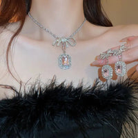 Inlaid Rhinestone Necklace Earrings Two Pcs Set Zircon Square Bow Jewelry Sets Light Luxury Fashion High Sense Accessories Gifts Good Vibrations Adult Super Store