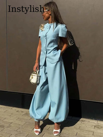 Womens 2 Piece Outfit Round Neck Puff Sleeve Fitted Blazer Top High Waist Wide Leg Pants Elegant Office Workwear White Suits Good Vibrations