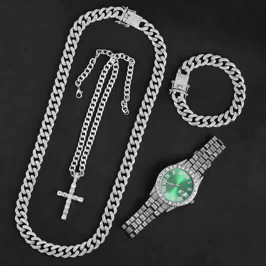 13mm Necklace +Watch+Bracelet Hip Hop Miami Cuban Chain Iced Out Paved Rhinestone CZ Bling Rapper For Men Jewelry KIT Jewelry Good Vibrations