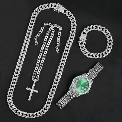 13mm Necklace +Watch+Bracelet Hip Hop Miami Cuban Chain Iced Out Paved Rhinestone CZ Bling Rapper For Men Jewelry KIT Jewelry Good Vibrations