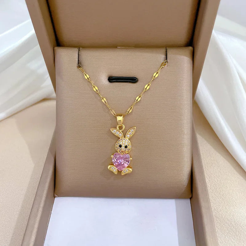 Stainless Steel Jewelry Sets for Woman Girls Shining Austrian Crystal Cute Rabbit Pendant Necklace Huggie Earrings Birthday Gift Good Vibrations Adult Super Store