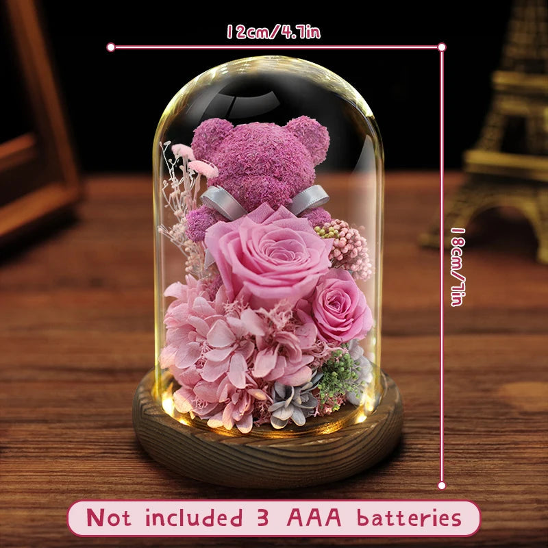 Valentine's Day Gift for Girlfriend Eternal Preserved Rose Flower Gift Box Teddy Bear Eternal Flower with Lights Gift for Women Good Vibrations