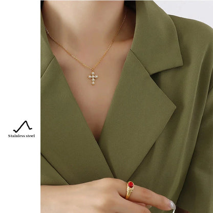 Cross Necklace Imitation Pearl Inlaid Luxury Necklaces 316L Stainless Steel Chain Non-allergic High Quality Jewelry Wholesale Good Vibrations