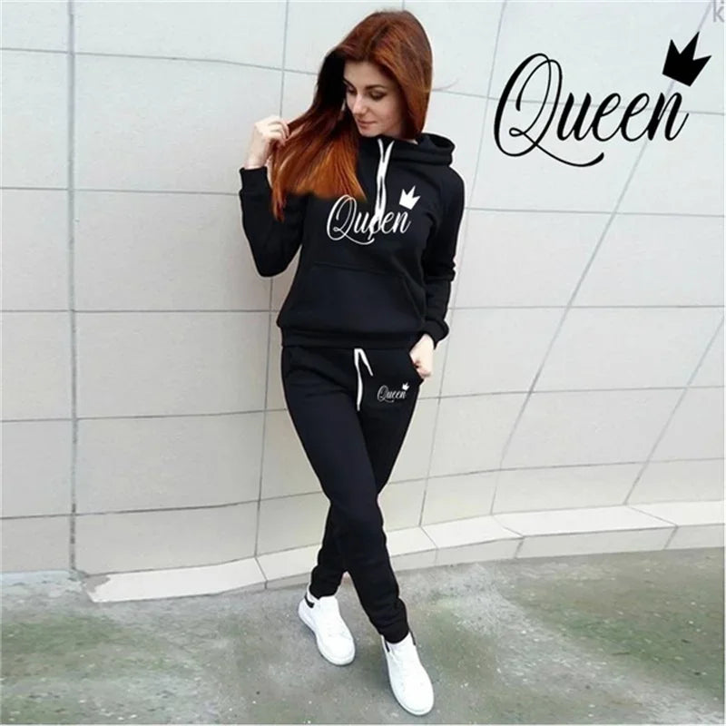 Hot women's 2-piece QUEEN print sports suit sportswear jogging suit women's hooded sportswear suit clothes hoodie+sweatpants Good Vibrations