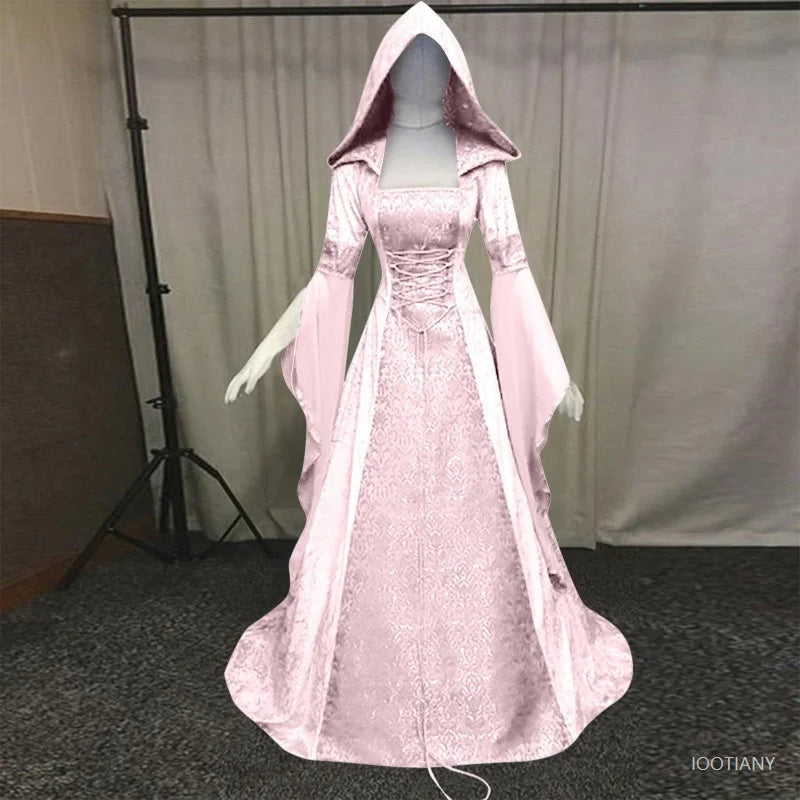 Halloween Women Hooded Gothic Dress Costume Cosplay Medieval Corset Renaissance Victorian Dresses Retro Style Holiday Party Good Vibrations