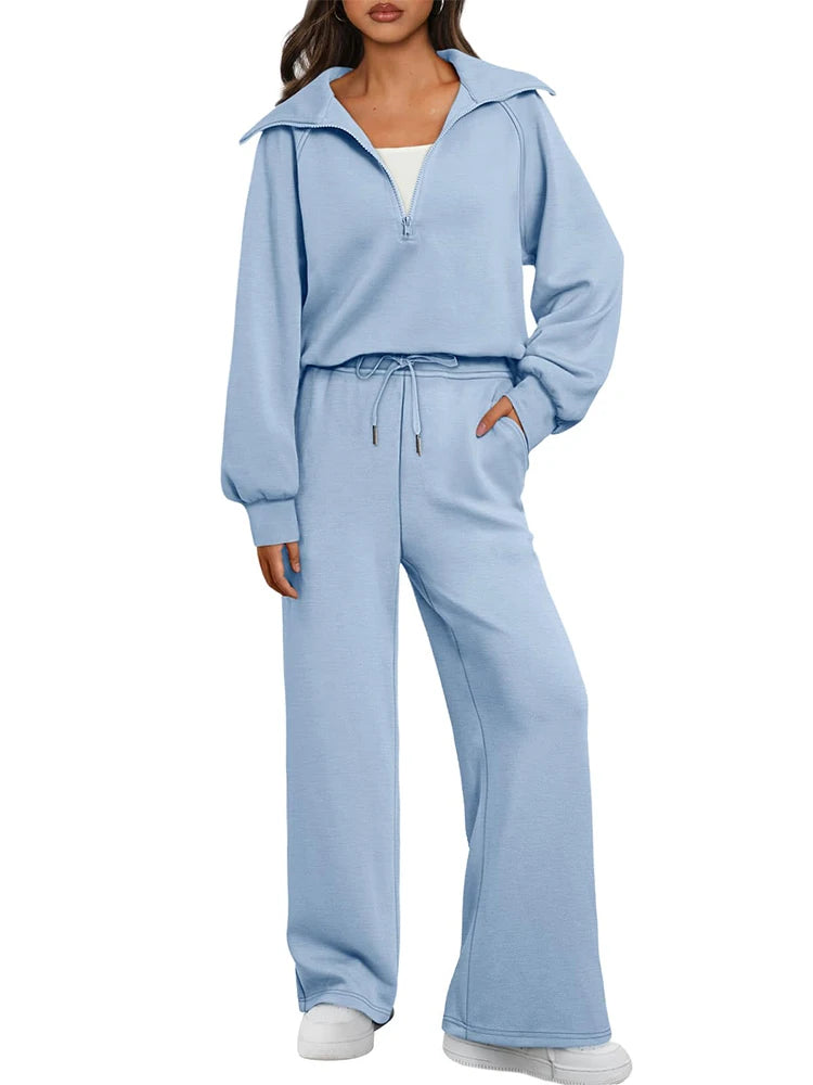 Women's Two-Piece Sports Set Loose-Fit Half-Zip Sweatshirt Wide-Leg Joggers Home & Leisure Set Sportswear Ensemble Good Vibrations