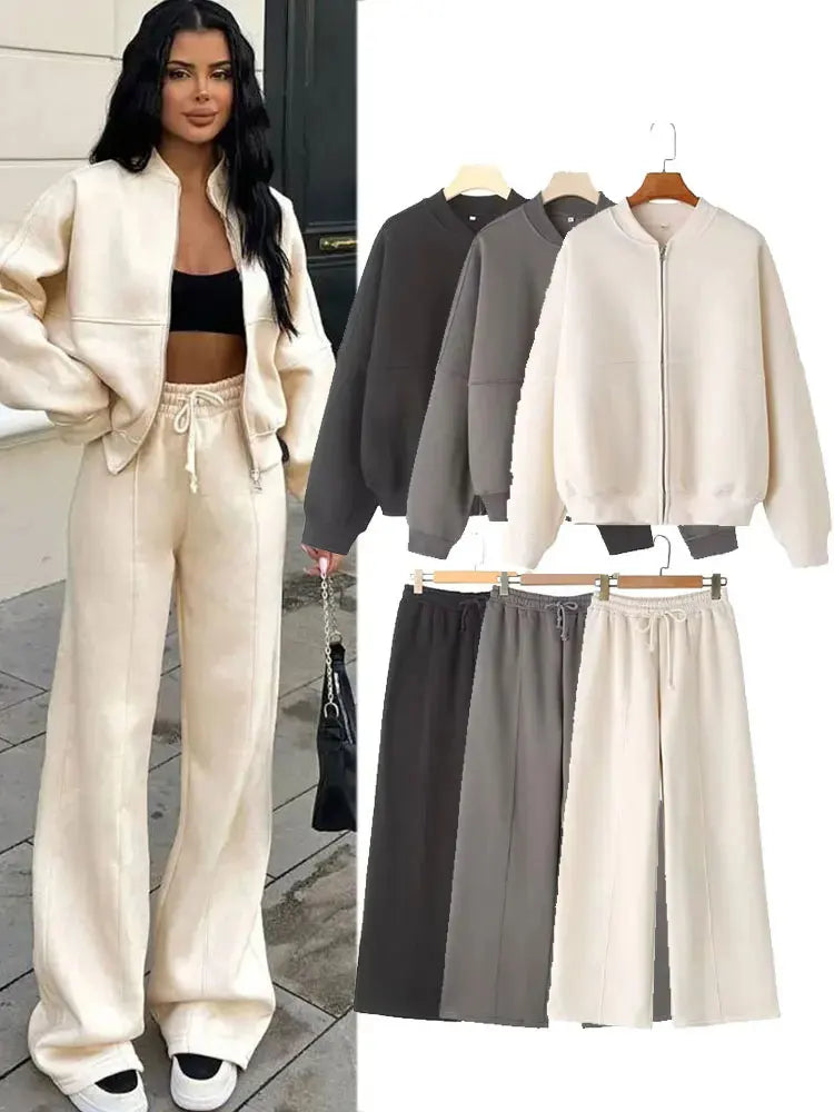 HH Women's Fall 2-Piece Retro Solid Color Zip Bomber Jacket Sweatshirt+High Waist Lace Up Women's Wide Leg Pants Street Wear Good Vibrations