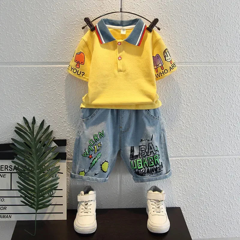 Boys Outfit T-Shirt and Jeans Korean Polo Fashion 2PCS Casual Clothing Korean Reviews  2025 Summer Top Toddler Kids Clothes Sets Good Vibrations