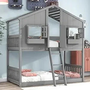 Floor House Bunk Bed with Roof and Window,Built-in Storage Box,Wooden Guardrails with Door/Ladder,Low Bunker Bed Twin Over Twin Good Vibrations