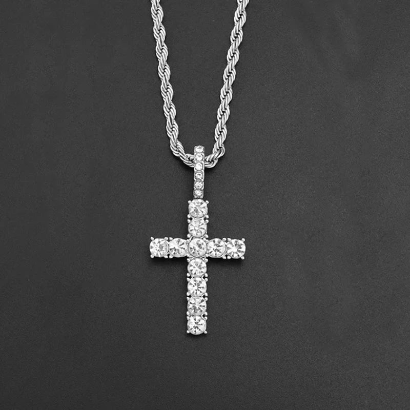 Iced Out Crystal Zircon Cross Pendant Necklace Silver Plated Twisted Chain Necklaces For Men Women Good Vibrations