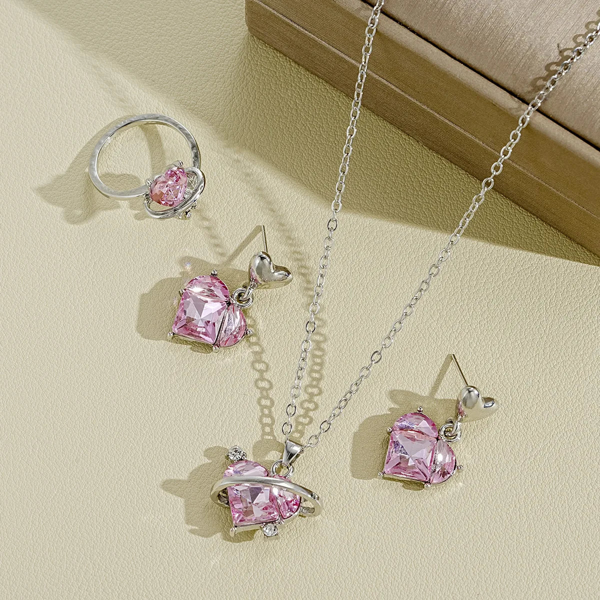 4 Pieces Love Pink Crystals Sweet Earrings Necklaces And Rings Jewelry Set Lightweight And Versatile For Women Mother's Day Gift Good Vibrations