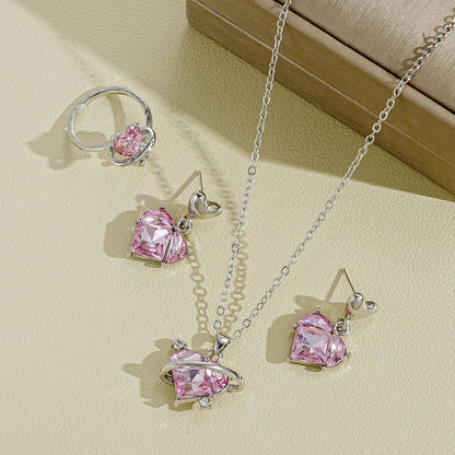 4 Pieces Love Pink Crystals Sweet Earrings Necklaces And Rings Jewelry Set Lightweight And Versatile For Women Mother's Day Gift Good Vibrations