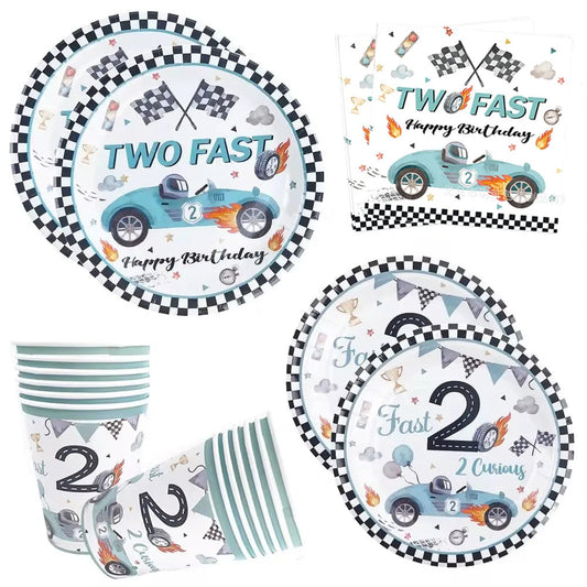 Race Car Party Tableware Plates Napkins Cup Two Fast Birthday Party Supplies Boys Racing Themed Two Years Old Party Decorations Good Vibrations