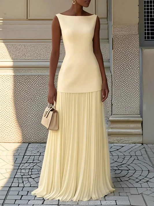 Two-piece Set Women Elegant Solid Splice Pleated Skirts Set Sexy Slash Neck Sleeveless Tank Hollow Slim Maxi Skirts Good Vibrations