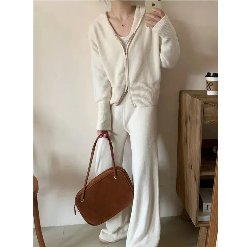 Women Casual Knitted Pants Home Suit Autumn Fashion Zip Up Sweater Hoodie Wide Leg Trousers 2 Piece Set Tracksuit Winter Outfits Good Vibrations