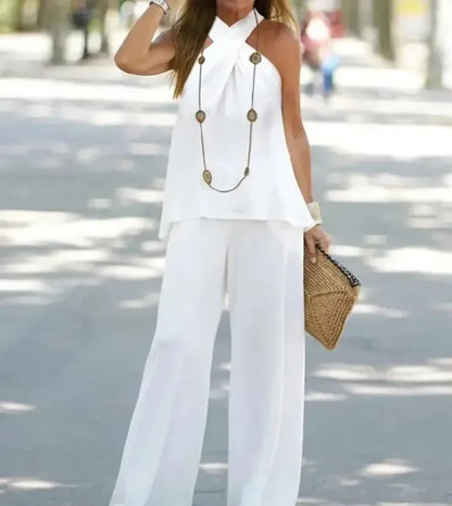 Women Two-Piece Set Halter Sleeveless V-Neck Top & High Waist Pants Set Casual Femme Fashion Loose Outfits for Woman Tracksuit Good Vibrations