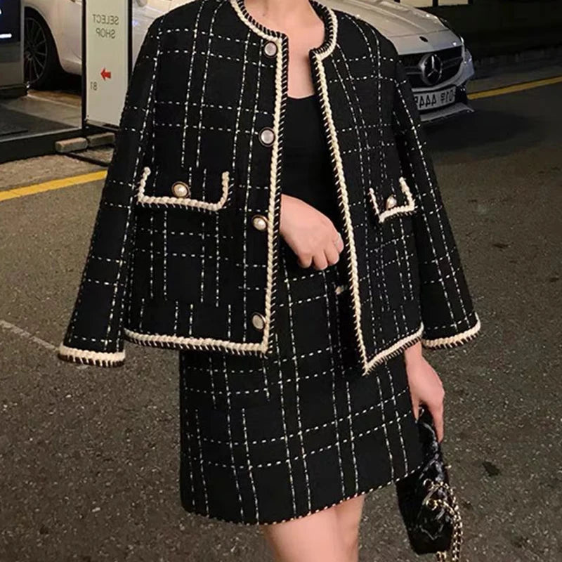 Women Fried Street Tweed Suit 2023 New Spring Autumn Wool Jacket + Skirt Female Fashion Loose Tweed Skirts Two-Piece Set Good Vibrations