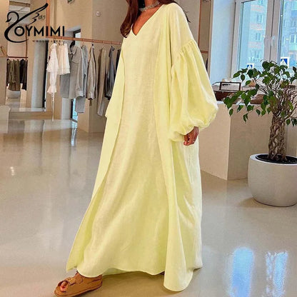 Oymimi Elegant Yellow Cotton Hemp 2 Pc Sets Womens Outfits Casual Puff Sleeve Robe And V-Neck Sleeveless Floor-Length Dress Sets Good Vibrations