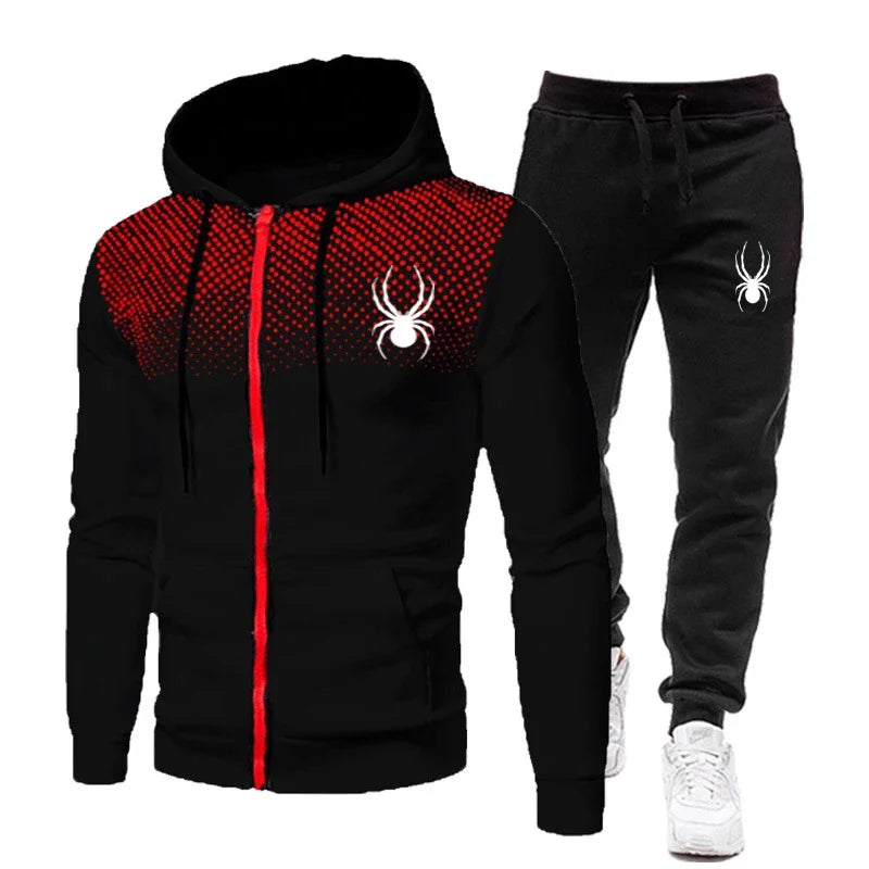 2026 Spring Winter spider print zipper long-sleeved hoodie + stretch waist pants two-piece men's sports jogging fitness suit Good Vibrations