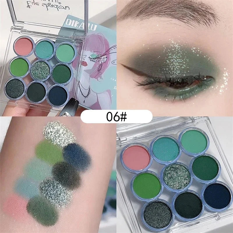 9Colors Glitter Eyeshadow Palette Smoke Purple Lace Shimmer Pearlescent Matte Acrylic Eye Shadows Palette Waterproof Eye Make Up Good Vibrations