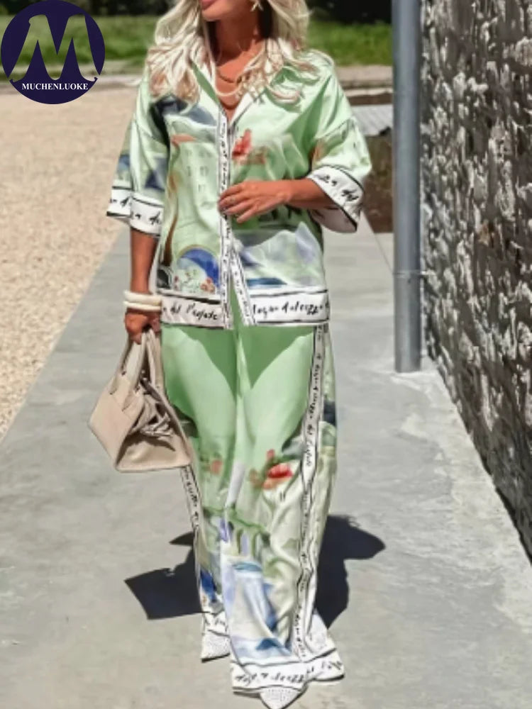 Women's Summer 2-Piece Set Elegant Printed Top & Casual Loose Wide Leg Pants Ensemble with Half Sleeve Fashionable Good Vibrations