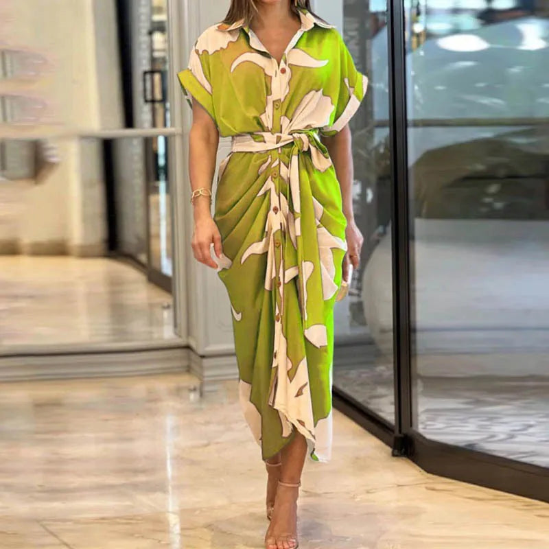 Elegant Dresses For Lady Vestidos 2026 Woman Dress Vestido Commuting Temperament Printed Irregular Leace-up Lapel Slim Contrast Good Vibrations