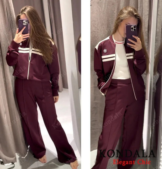 Women Fall Vintage Jacket Set O-Neck Zipper Jacket Elastic Waist Pant 2025 Spring Autumn Fashion High Street Casual Female Set Good Vibrations
