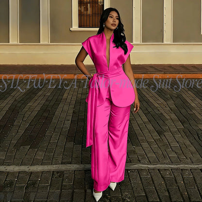 Modern Women Suits For Wedding Business Fashion 2 Pieces Sets Elegant Women's Sets Outfits Short Sleeves Jacket Pants Customized Good Vibrations