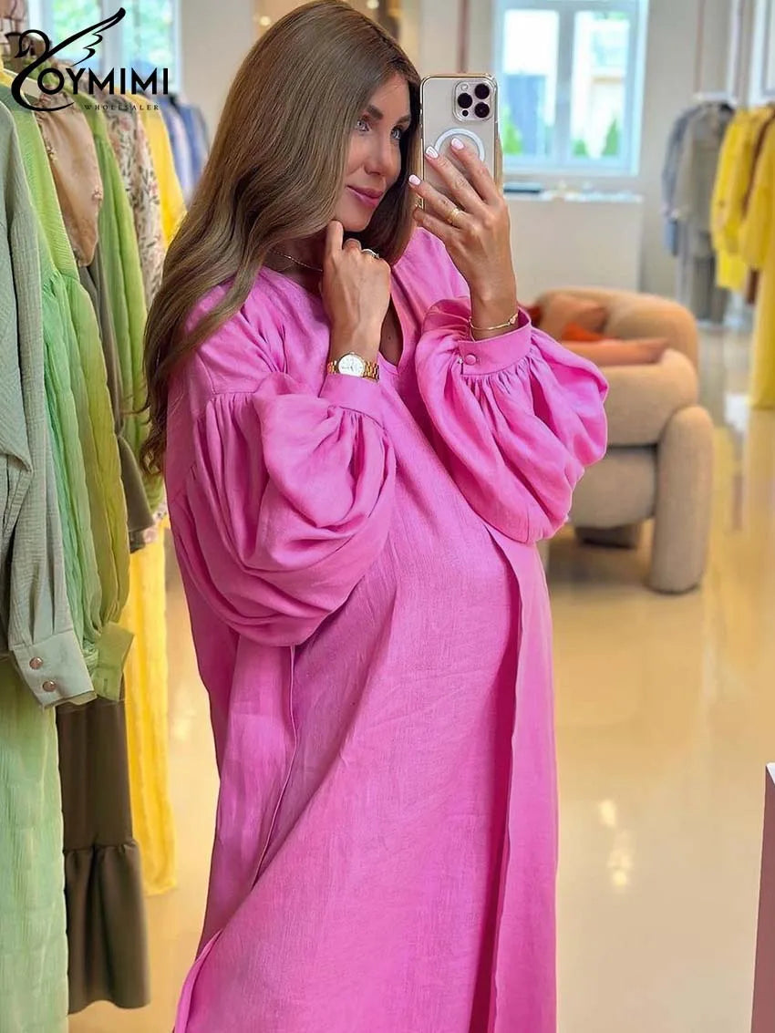 Oymimi Elegant Yellow Cotton Hemp 2 Pc Sets Womens Outfits Casual Puff Sleeve Robe And V-Neck Sleeveless Floor-Length Dress Sets Good Vibrations