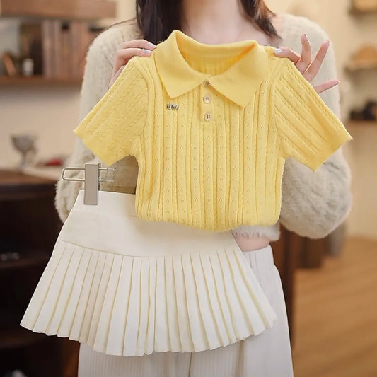 Children's clothing set summer new style girl princess style knitted short sleeved top+pleated skirt two-piece set Good Vibrations