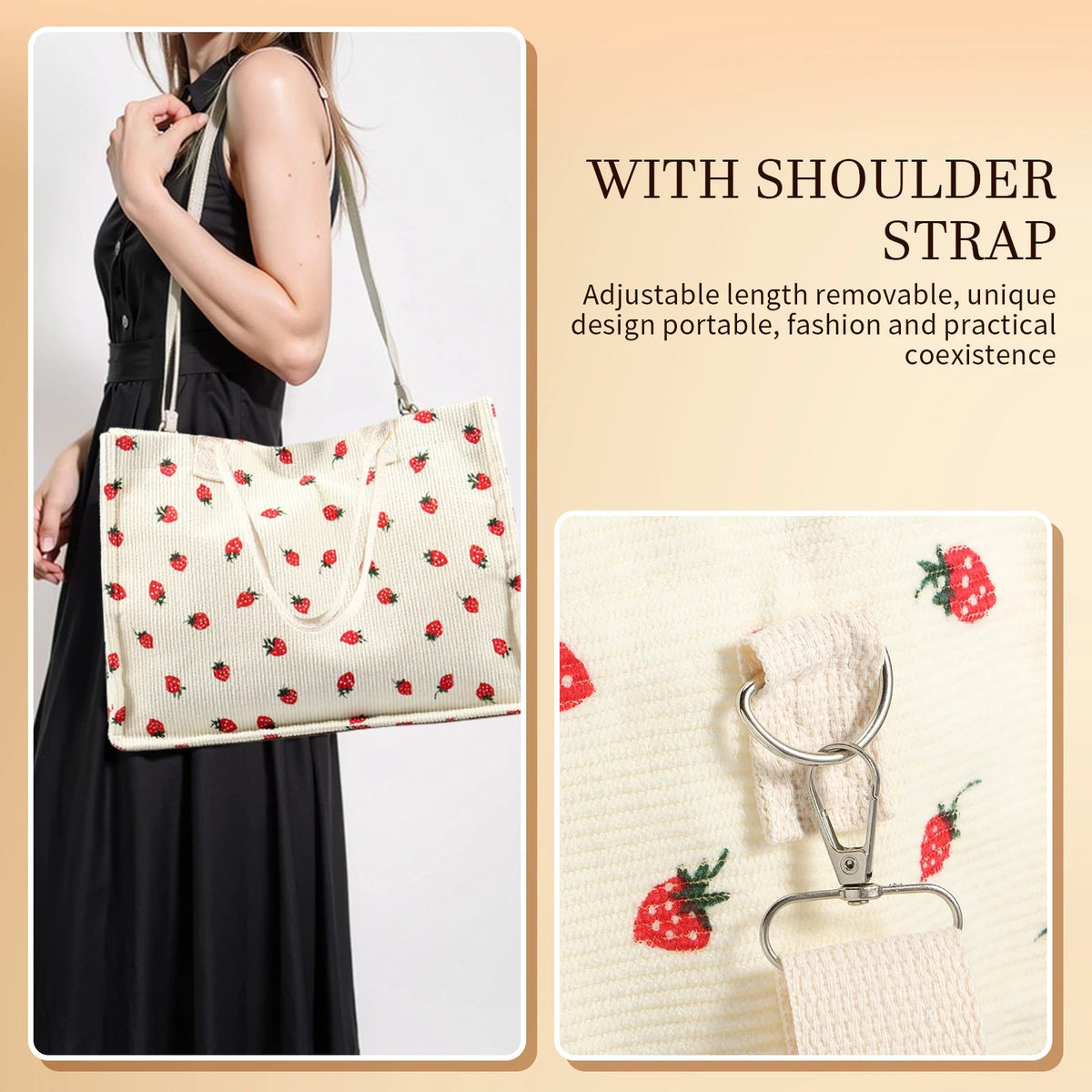 Tote Bag Cute Strawberry Patched Purse for Women Fabric Large Capacity Tote Purse Enduring Tote Bag with Adjustable Shoulder Good Vibrations