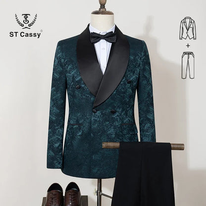 black luxury 2-piece set men suit party shawl collar double breasted business casual suit groom's wedding dress Jacquard pattern Good Vibrations