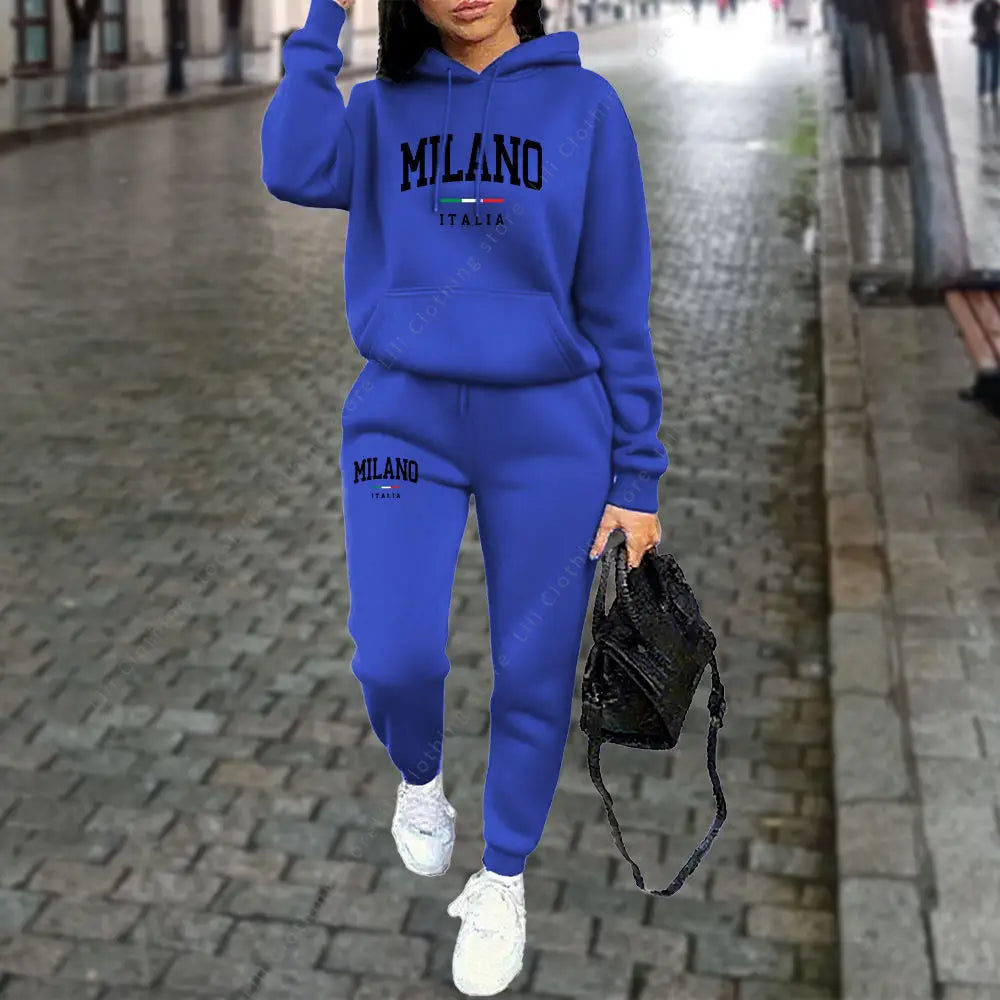 Autumn Winter Women's Sets 2pcs Hoodies Pants Suit Sports Outfits 2025 MILANO Letter Print Aesthetic Clothes Ladies Tracksuit Good Vibrations