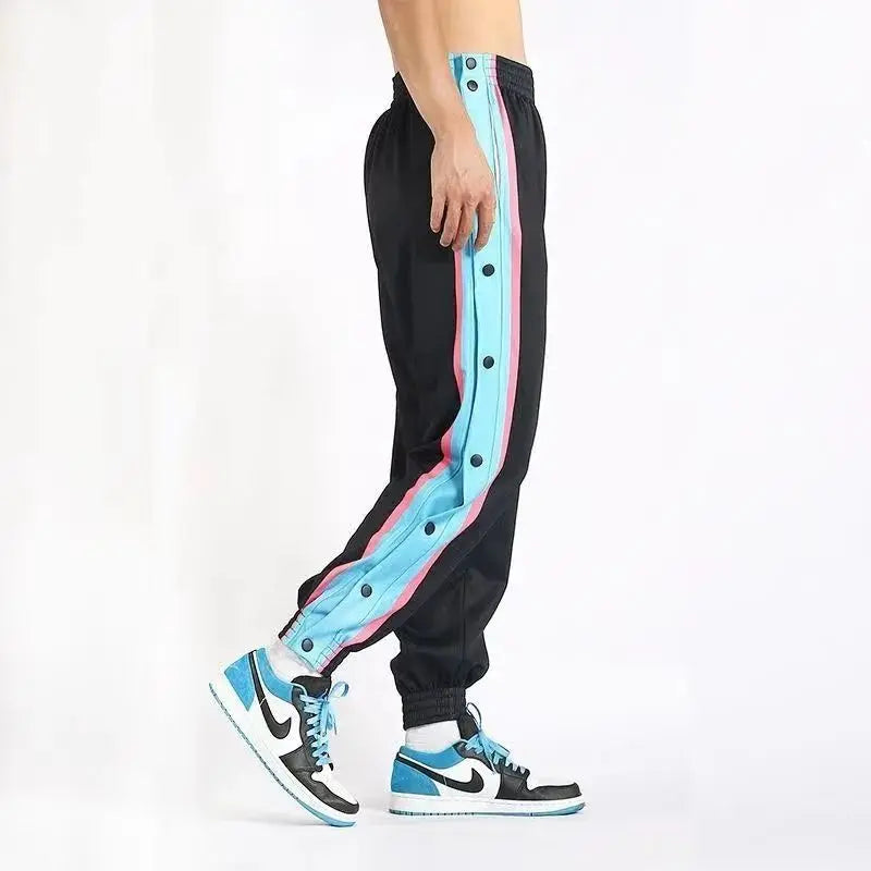 Harajuku Fashion Sports Men Pants Daily Outdoor Basketball Sweatpants Hollow Out Side Stripe Button Fly Design Creative Trousers Good Vibrations