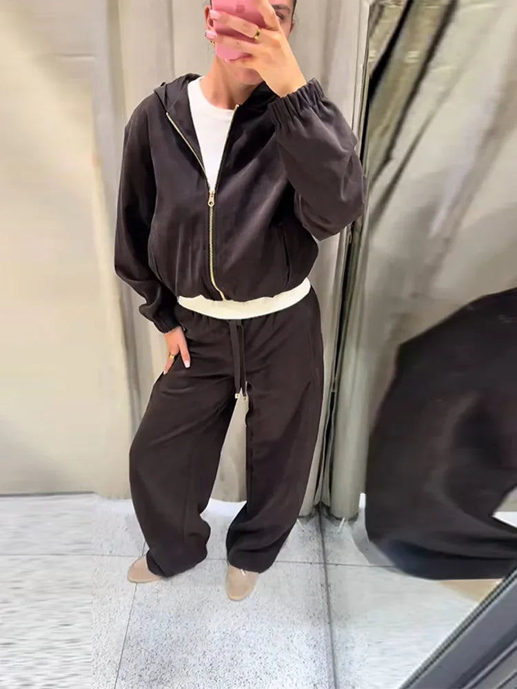 Casual Solid Hoodie Pants Set Women Zippers Loose Full Sleeve Coats Long Wide Leg Pant Sets Female 2025 Autumn New Lady Outfits Good Vibrations
