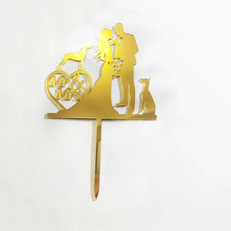 Bride and Groom Wedding Party Cake Topper Decoration Golden Acrylic Mrs & Mrs Engagement Party Cake Toppers Gift Baking Supplies Good Vibrations