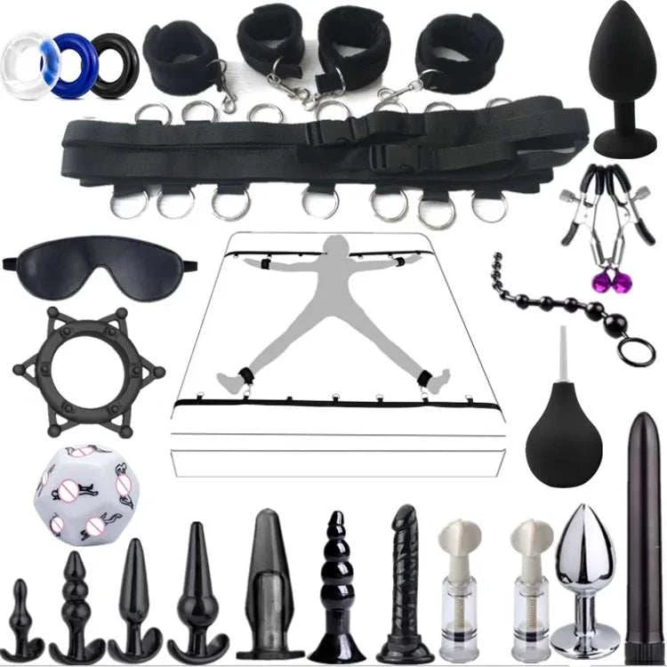 BDSM kits with bondage accessories including handcuffs, whip, gag, nipple clamps, and anal plugs for adult couples.