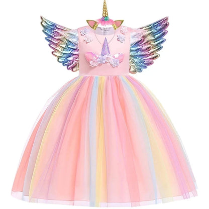 Kids Unicorn Dress for Girls Party Dresses Flower Appliques Ball Gown Little Girl Princess Costumes Summer Children Clothing Good Vibrations