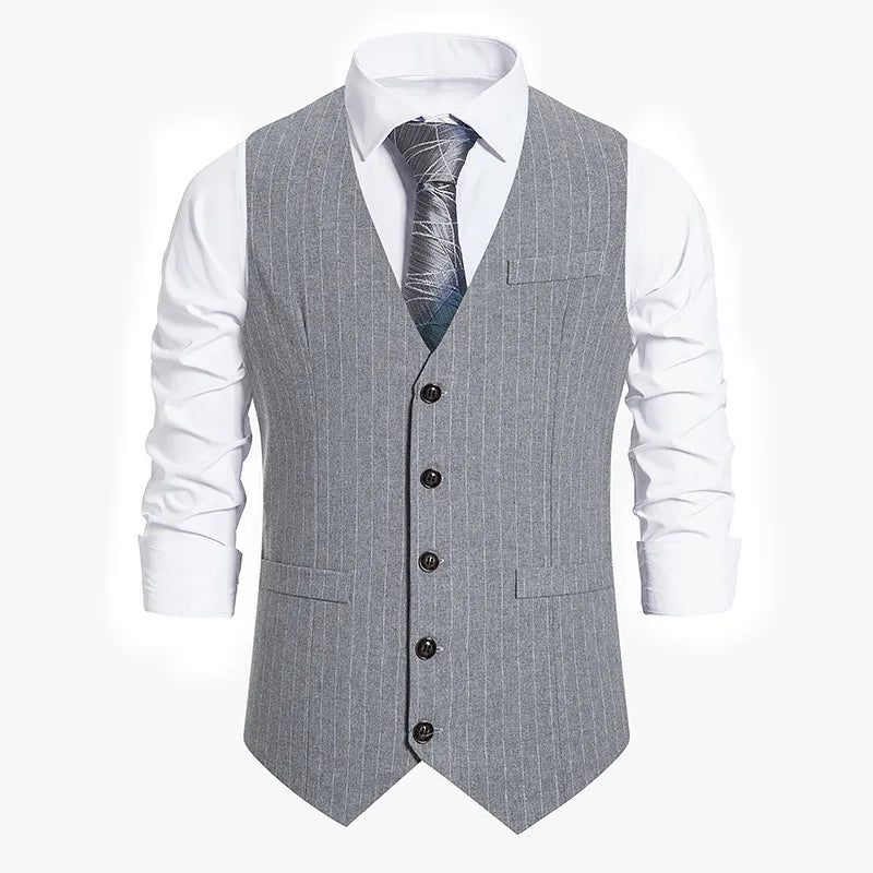 Men's Vintage Casual Black Grey Striped Single Breasted Suit Vest Elegant V Neck Gentleman Business Party Wedding Prom Vest Set Good Vibrations