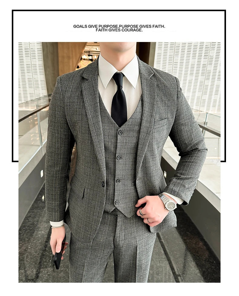 Quality Three-piece Suit Vest Trousers Set for Men Korean Fashion Slim Fit Business Casual Wedding Handsome Style