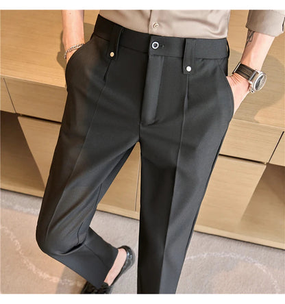 Mens Suit Pants 2025 Autumn New British Style Elastic Waist Solid Casual Formal Dress Pants Slim Fit Trousers for Men Clothing Good Vibrations